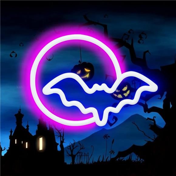 Neon Signs, Moon and Bat LED Neon Lights, Neon Light Sign for Wall USB/Battery - Picture 4 of 6